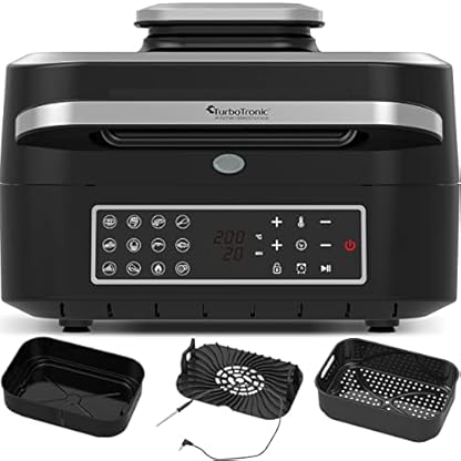 Grill und Heißluftfritteuse TurboAir 1800W, bis zu 6,5 L Volumen mit digitalem Temperaturfühler & Knusperplatte Fleischthermometer Elektrogrill Tischgrill Air Fryer heißluft fritteuse