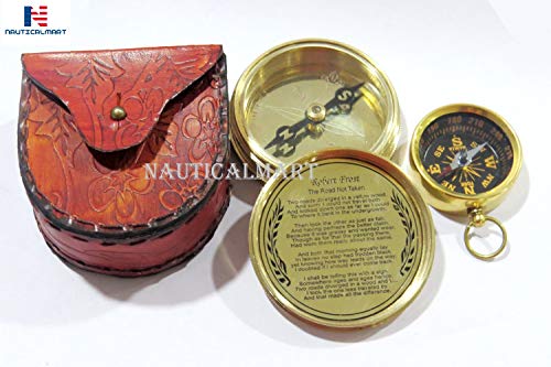 Brújula de latón con estuche de cuero portátil miniatura 3