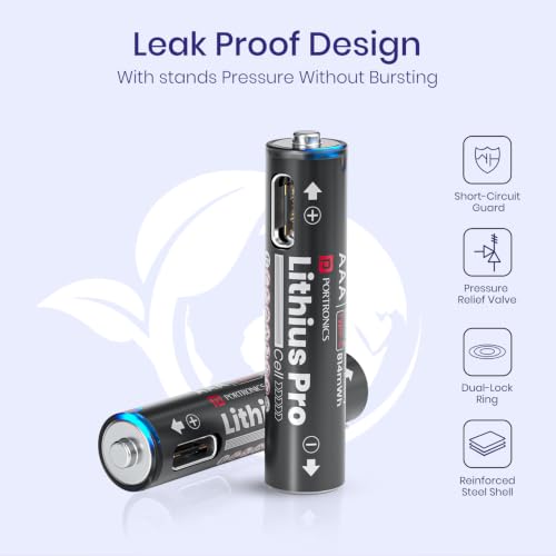 Image of Portronics AAA Lithius Pro Type C Rechargeable Batteries, Pack of 2, Lithium Ion Cell Composition, Upto 542mAh Capacity, Low Self Discharge, No Separate Charger Required (Black)