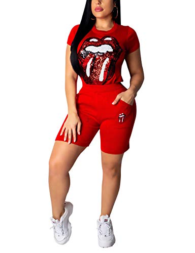 Women's Casual 2 Piece Shorts Set Lip Print Short Sleeve T-Shirt Tops and Shorts Tracksuit Set Red X-Large