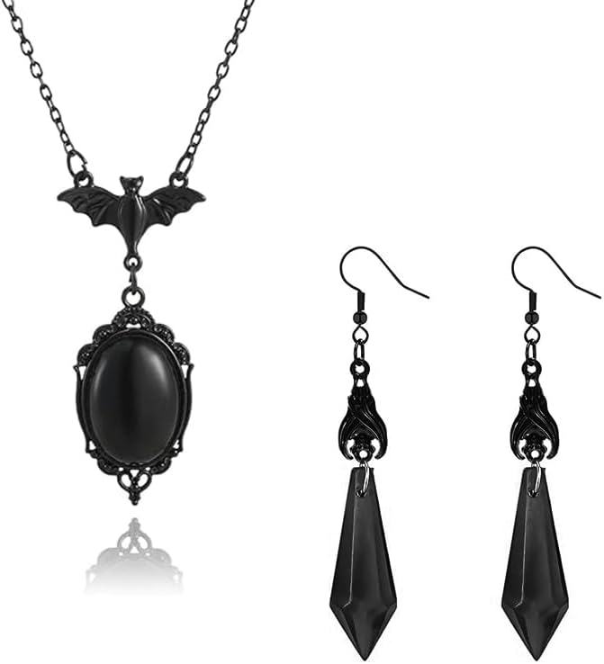 ONLYJUMP Gothic Vampire Bat Earrings Necklace Set for Women Vintage Goth Dark Bat Earrings Blood Pendant Necklaces Mystic Witch Halloween Costume Jewelry Gifts