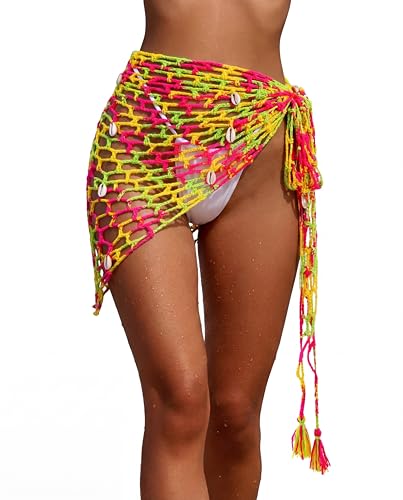 Image of Geyoga Women Crochet Cover Ups Skirt Triangle Shawl Mermaid Skirt Hollow out Swimwear Shell Beach Fishnet Summer Wrap