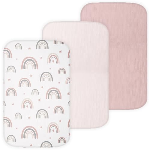 Image of Muslin Bassinet Sheets for Baby Delight Beside Me, BCOL, Chicco LullaGo, Delta Children Bondi, Skylar, Semphis by TansyPanda, 3PC, 20x32 in, Ultra Soft, Breathable, Snug Fit, Unisex Boys Girls, Pink