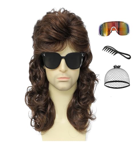 70s/80s Brown Mullet Wig, Unisex Retro Curly Mullet Wig for Halloween, Cosplay, 80s Themed Parties Costumes (Medium Brown)