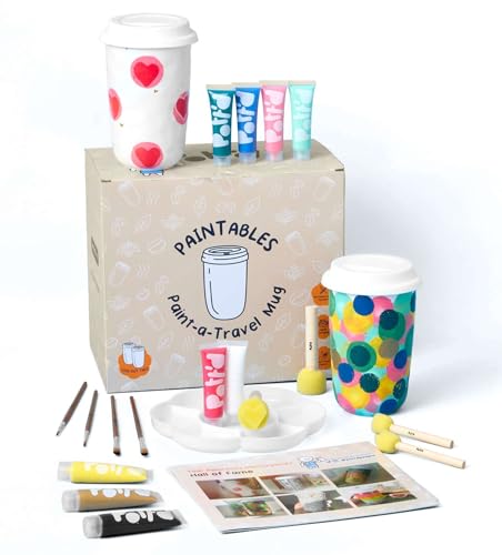 Pott’d Paintables Kit para Pintar una Taza de Viaje, Kit de Pintar Cerámica para Adultos con Taza, Pinturas, Pinceles, Esponjas, Paleta y Guía - Ideal para Manualidades Adultos y Principiantes