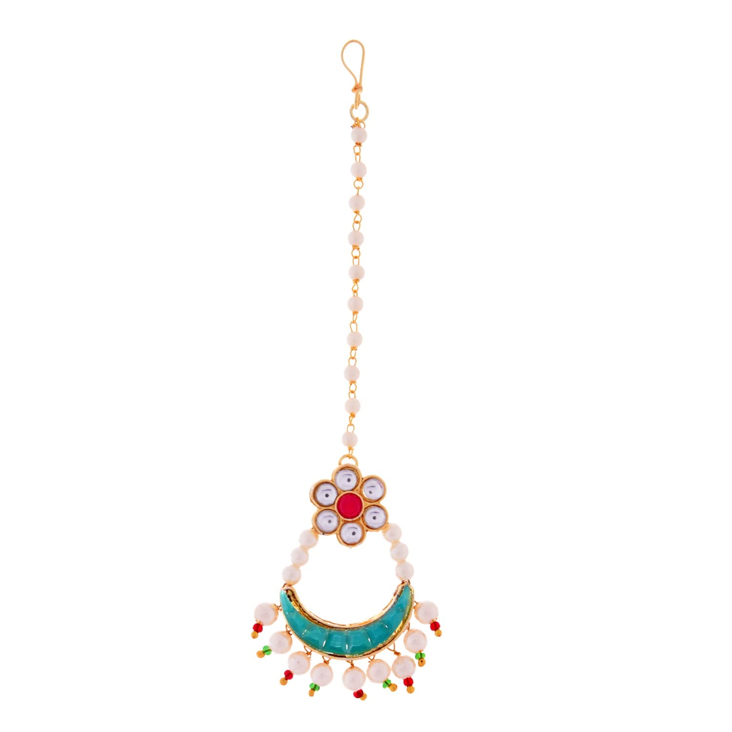 SheCARIO Traditional Kundan Pink & Blue Stone & Pearl Maang Tikka | Moti Chaandbali Bindya Style for Girls & Women