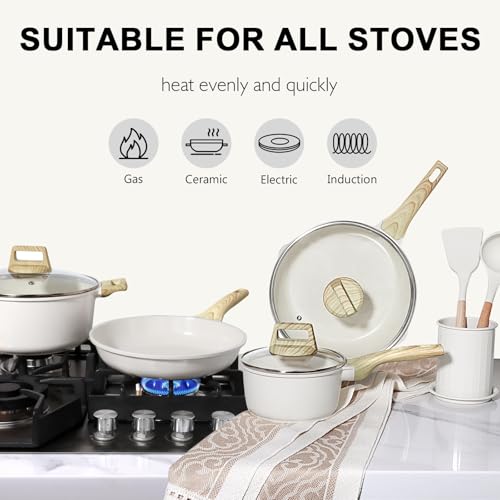 Image of GiPP Ceramic Pots and Pans Set Non Stick - 17 Pcs Nonstick Cookware Set, Non-toxic Healthy Kitchen Cooking Set /Frying Pans Set, Dishwasher Safe, PFAS PTFE PFOA PFOS Free, Cream White