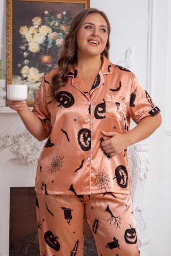 Image of Vozanet Women's Button Down Satin Pajama Sets Silky Short Sleeve Top & Pants Plus Size Loungewear Classic Sleepwear XL to 5XL