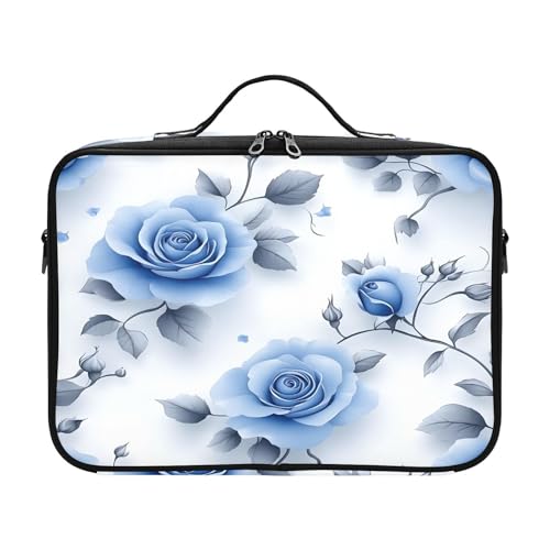 zyrtty Travel Makeup Train Case Flower Blue Grey Leaves Pattern Cosmetic Organizer Portable Storage Bag with Adjustable Dividers for Cosmetics Brushes Toiletry Jewelry Digital Accessories