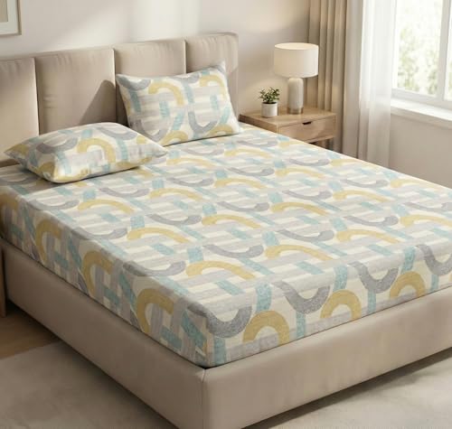 Image of VAS COLLECTIONS Double Bed 160 TC Cloud Cotton Fitted Bedsheet (78x72+10 Inches) | Elastic Deep Pocket Cotton Bed Sheet | Soft, Breathable Bedding for Home & Hotel (Silver Blue Circles)