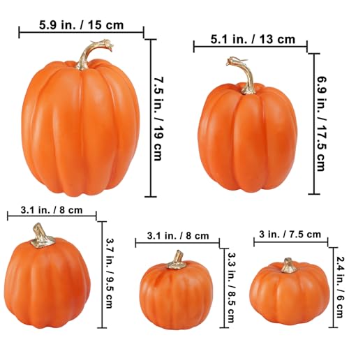 Image of Winlyn 7 Pcs Assorted Harvest Orange Artificial Pumpkins Decorative Pumpkins Foam Pumpkins with Gold Stems for Fall Harvest Autumn Home Wedding Thanksgiving Halloween Party Table Centerpiece Decor