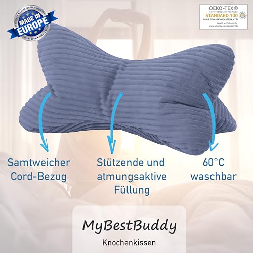 Leseknochen Cord Grau Nackenkissen Knochenkissen Nackenrolle Lesekissen Öko-Tex 100 zertifiziert und 60°C waschbar - Kissen für Nacken, Knie oder Bauch zum Lesen oder Relaxen - 38x19x19 cm