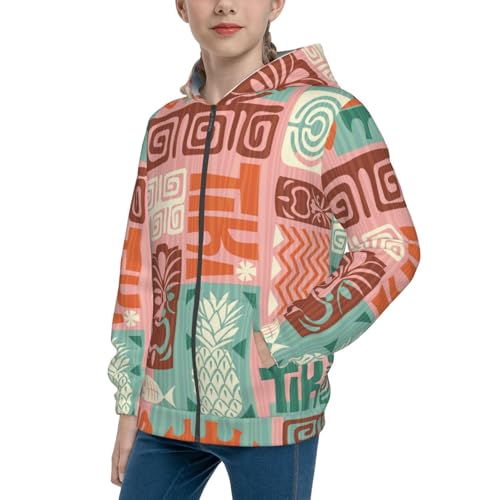Exotic Tiki Pattern Kids Pullover Hoodies Boys Zip Up Sweatshirts Girls Athletic Clothes with Pocket