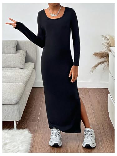 COZYEASE Girl's Bodycon Fitted Side Slit Dresses Long Sleeve Round Neck Maxi Dress4