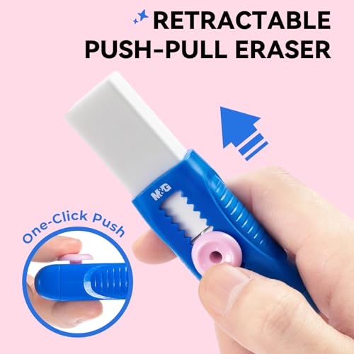 Image of M&G 1+1 Pack Blue Sliding Retractable Cute Eraser Set, Refillable Soft Large Rubber Eraser with Sleeve for Kids Students School Office Supplies