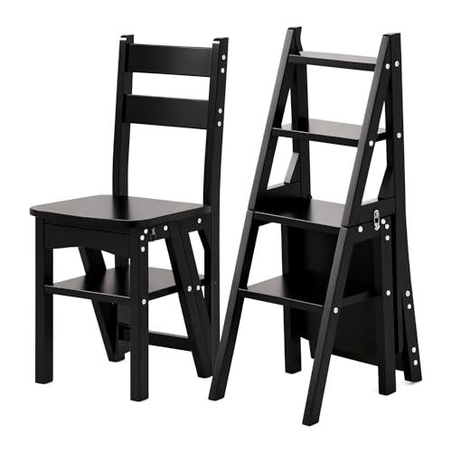 4 Tier Folding Step Ladder 3-in-1 Wooden Folding Ladder Chair Portable Multi-Function Step Stool 198 lbs Capacity Indoor and Outdoor Display Rack Flower Rack for Library Home Kitchen (Black)