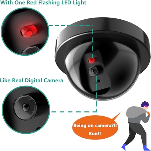 Image of Dummy Fake Security CCTV Dome Camera with Flashing Red LED Light with Security Alert Sticker Decals, Black
