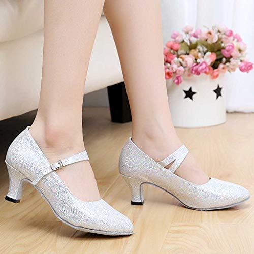 Womens Glitter Sequins Dance Shoes Buckle Strap Mid-High Heels Shoes Ballroom Latin Tango Rumba Performance Shoes (US:7.5, White)