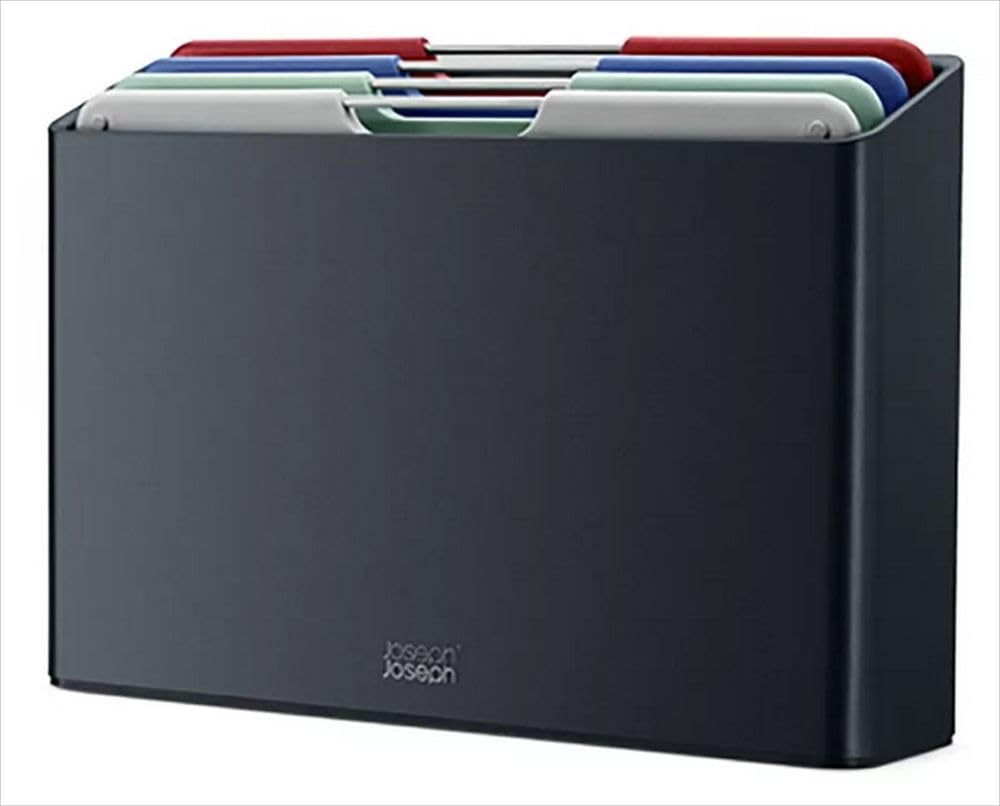 Joseph Joseph Folio Colour Coded Chopping Board Set of 4, Slimline Storage case, Regular- Graphite/Coast
