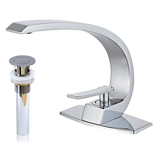 Wovier Chrome Bathroom Sink Faucet with Supply Hose,Cover Plate and Pop Up Drain,Unique Design Single Handle Single Hole Lavatory Faucet,Basin Mixer Taps Commercial