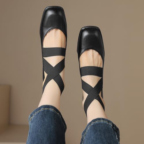 Elastic Band Flats Pumps Shoes for Women Square Toe Crisscross Ballet Flats2