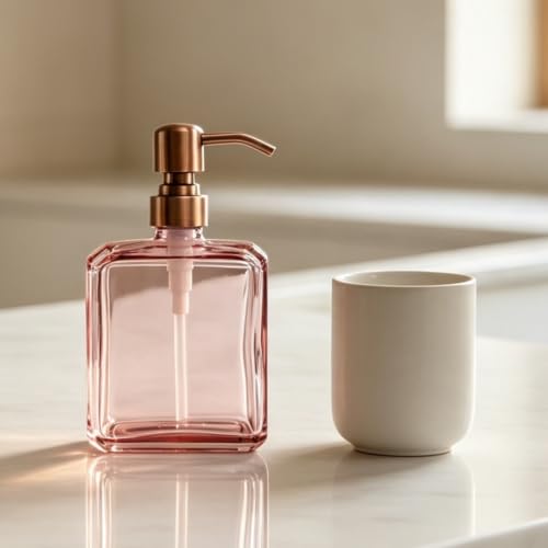 Image of Blush Pink Soap Dispenser Glass Rectangular, Copper Pump, 13.5 oz | Rust Proof Stainless Steel Pump, Refillable, Hand Soap, Liquild Soap, Dish Soap, Bathroom, Kitchen