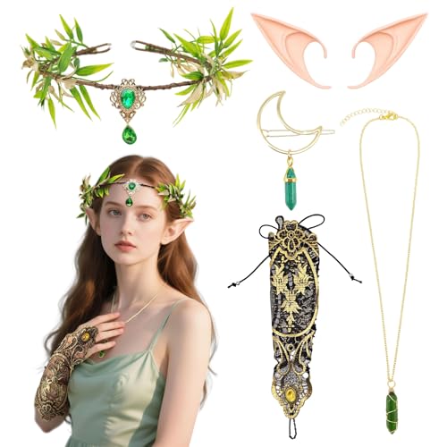SAIIURV 5 Pièces Fée D'Elfiques WoodlandFairy Crown Headband Lace Gloves Pixie Elf Ear VikingNecklace, Cristal éPingle à Cheveux, Renaissance Elf Costume for Women, pour Mariage (Multicolore)