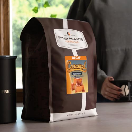 Image of Fresh Roasted Coffee, Decaf Caramel Flavored Drip Ground Coffee, Medium Roast, Kosher, 5 lb (80 oz)