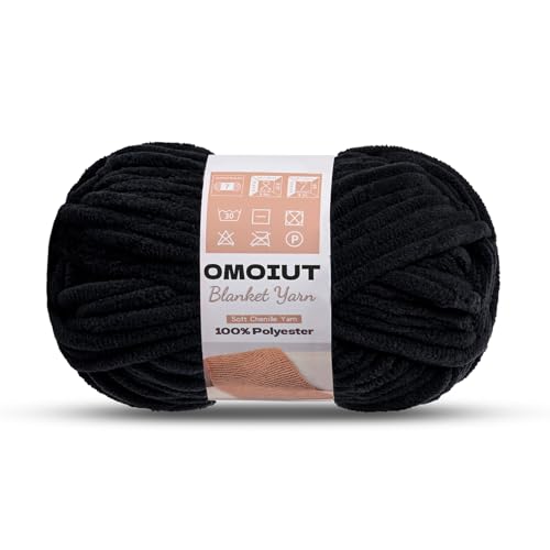 Image of OMoiout Chunky Chenille Yarn for Crocheting, Soft Baby Blanket Yarn, #7 Super Bulky, Chunky Knit Blanket Crochet Yarn, 7 oz /109.4 yds Fluffy Velvet Amigurumi Yarn(Black)