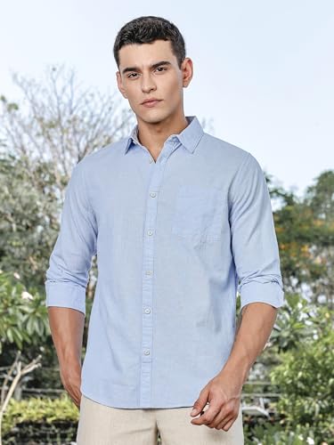 Image of Thomas Scott Men's | Solid | Premium Linen Blend | Spread Collar | Summer Wear | Long Sleeve | Shirts for Men