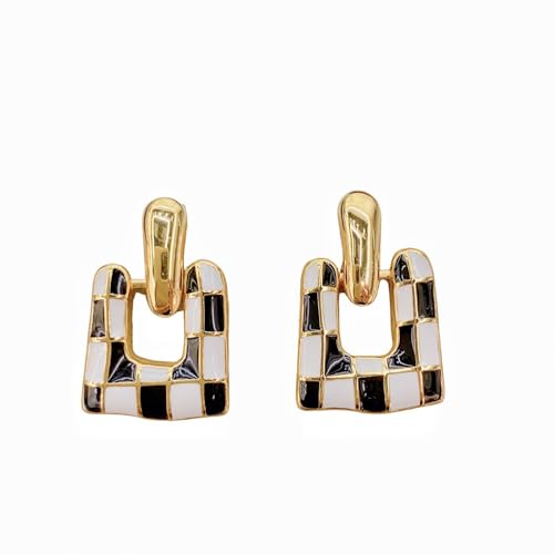 Checkered Earrings for Women Black and White Checkered Dangle Earrings Geometric Square U-shaped Checkered Earrings Vintage Dainty Birthday Jewelry for Women