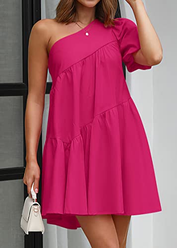 Image of KIRUNDO Summer One Shoulder Mini Baby Doll Dresses Women 2026 Casual Puff Sleeve Loose Tiered A Line Flowy Short Dress