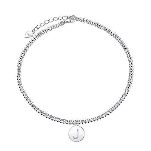 Initial Anklet for Women S925 Sterling Silver Adjustable Foot Ankle Bracelet Anklets with Initials (J)