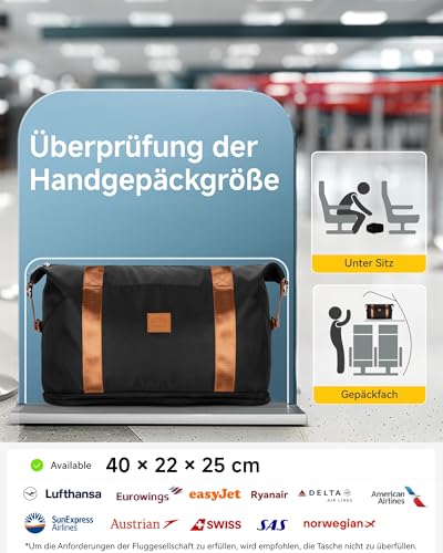 LUGGEX Reisetasche Handgepäck Tasche Ryanair Erweiterbare Weekender Damen Sporttasche mit Kulturbeutel Wasserabweisend Travel Duffle Bag 40×22×25 cm