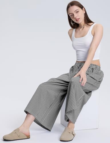 Image of LOMON Womens Wide Leg Capri Pants Gingham Plaid Culottes Summer Elastic Waist Palazzo Trousers Bottoms with Pockets