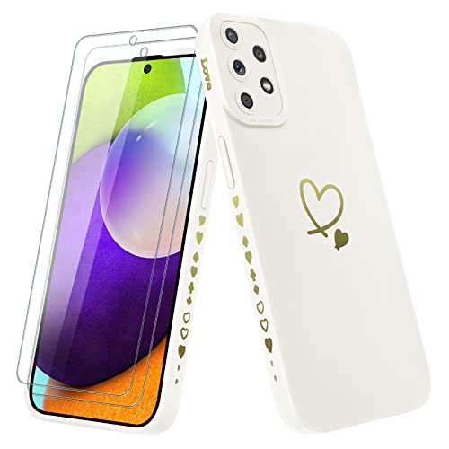 Vauki Funda para Samsung Galaxy A52s 5G/A52 4G/5G con 2 Piezas Cristal Templado Carcasa con Amor Corazón Mujer Suave Silicona TPU Antigolpes Anti-Arañazos Case para Samsung A52s 5G, Blanco