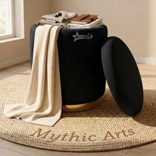 Image of Mythic ArtsRound Upholstered Sitting Stool & Footrest Velvet Storage Ottoman Pouffe16 X 16X 19 inch | Versatile Puffy for Living Room, Bedroom, and Office ? Chic Home Furnishings & Dcor Black