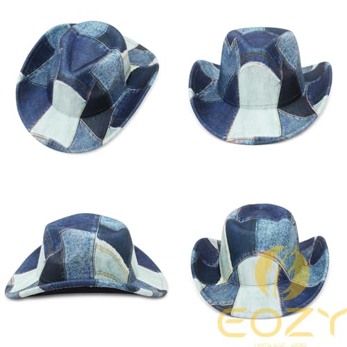 Image of Tie Dye Denim Patchwork Cowboy Hat for Women Men Western Wide Brim Costume Party Hat