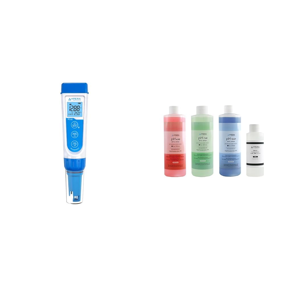 APERA INSTRUMENTS AI316 Premium Series PC60 5-in-1 Waterproof pH/EC (Conductivity) /TDS (ppm) & LLC-AI1109 8oz. pH Calibration Buffer Solution Kit (pH 4.00, 7.00 & 10.01)