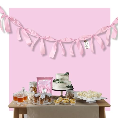 Image of Pre-Assembled Pink Bow Garland - 6ft Ready-to-Hang Engagement Party Decorations, Coquette Birthday & Bridal Showers, No DIY Needed! Baby Room Bed Decor (Pink, 6ft)