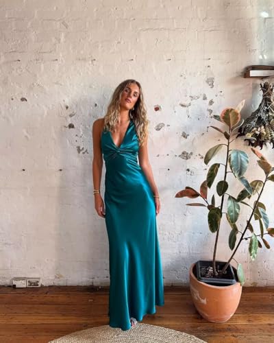 Satin Bridesmaid Dresses for Women2025 Long Pleated Corset V Neck Halter Formal Cocktail Gown3