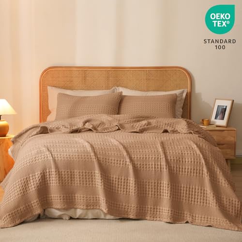 Image of PHF 100% Cotton Waffle Blanket Twin Size for College Dorm, Lightweight Breathable and Soft for Summer, Luxury Aesthetic Waffle Weave Blanket for Bed & Gifts for Women, 66 inchx90 inch, Clay