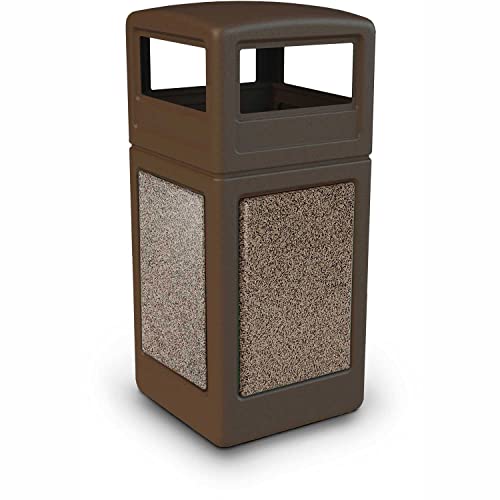 Image of Commercial Zone StoneTec 42 Gallon Square Receptacle with Dome Lid, Brown w /Riverstone Panels