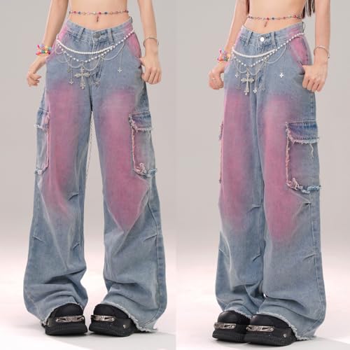 Womens Jeans Fashion Y2K Vintage Casual Low Waist Baggy Wide Leg Pink Tie-Dye Gradient Straight Denim Pants3