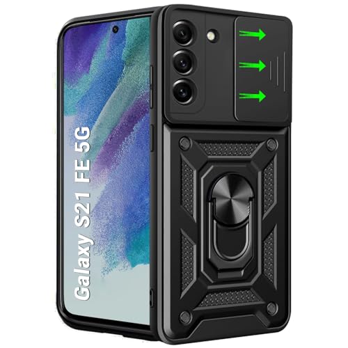 Image of TheGiftKart Tough Armor Bumper Back Cover Case for Samsung Galaxy S21 FE 5G | Ring Holder & Kickstand in-Built | 360 Protection Case Cover for Samsung S21 FE (PC & TPU, Sliding Camera Cover, Black)
