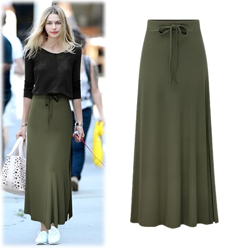 rismart Women High Waist Skirt Maxi Long Ankle Length Casual Cotton Blend Skirts XS-4XL2