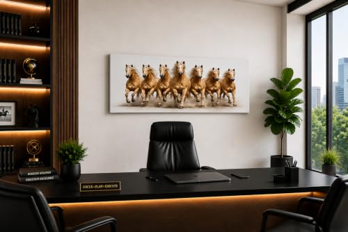 Image of 7 Horse Vastu Sunrise Canvas Painting | Positive Energy Wall Decor | Big Size Premium Running Horses Artwork for Home, Office & Hall Decoration (Modern, Light Brown Horse, 44x20 Inch)