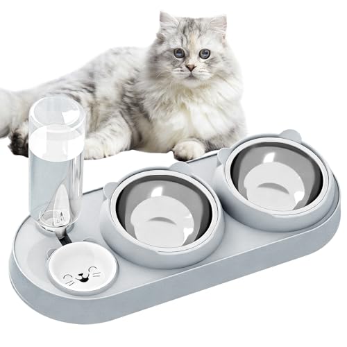 3-in-1 Katzennapf,Katze Futternapf und Wassernapf Set mit Wasserspender Edelstahl Doppel-Katzennäpfe 15° Neigbar für Katzen und Kleine Hunde Haustiere Abnehmbarer Futternapf