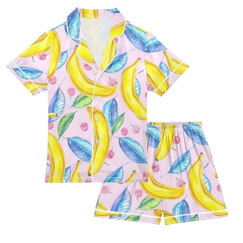 ALAZA Banana Leaf Pajamas Satin Pajama Set Short Sleeve Button Down Sleepwear