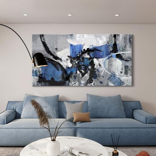 Image of Abstract Canvas Wall Art: Large Wall Art for Living Room, Bedroom & Gray Office Decorations for Work, Framed Artwork - Modern Decor with Blue & Black Paintings